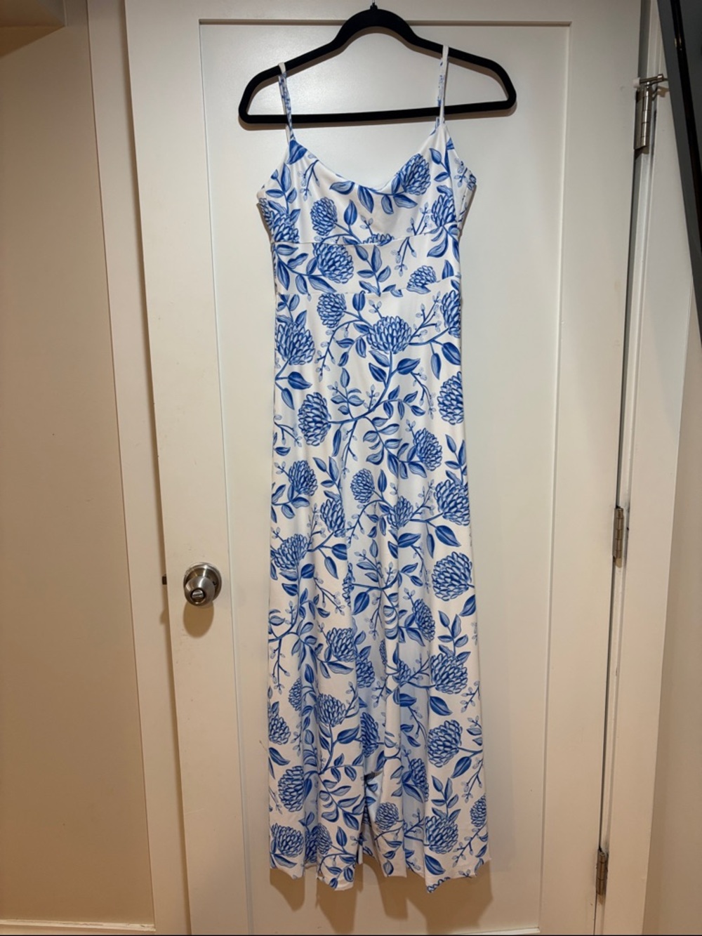 White Maxi Slip Dress with Blue Floral Print